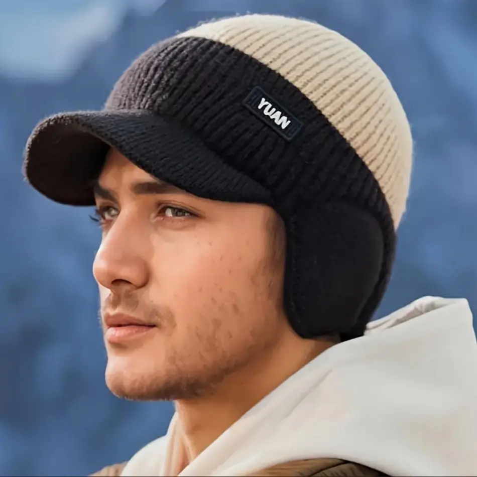Men's Colorblock Visor Beanie, Knitted Winter Cap with Windproof Ear Flaps for Biking and Outdoor Wear, Fleece, Cycling, Male, Warm