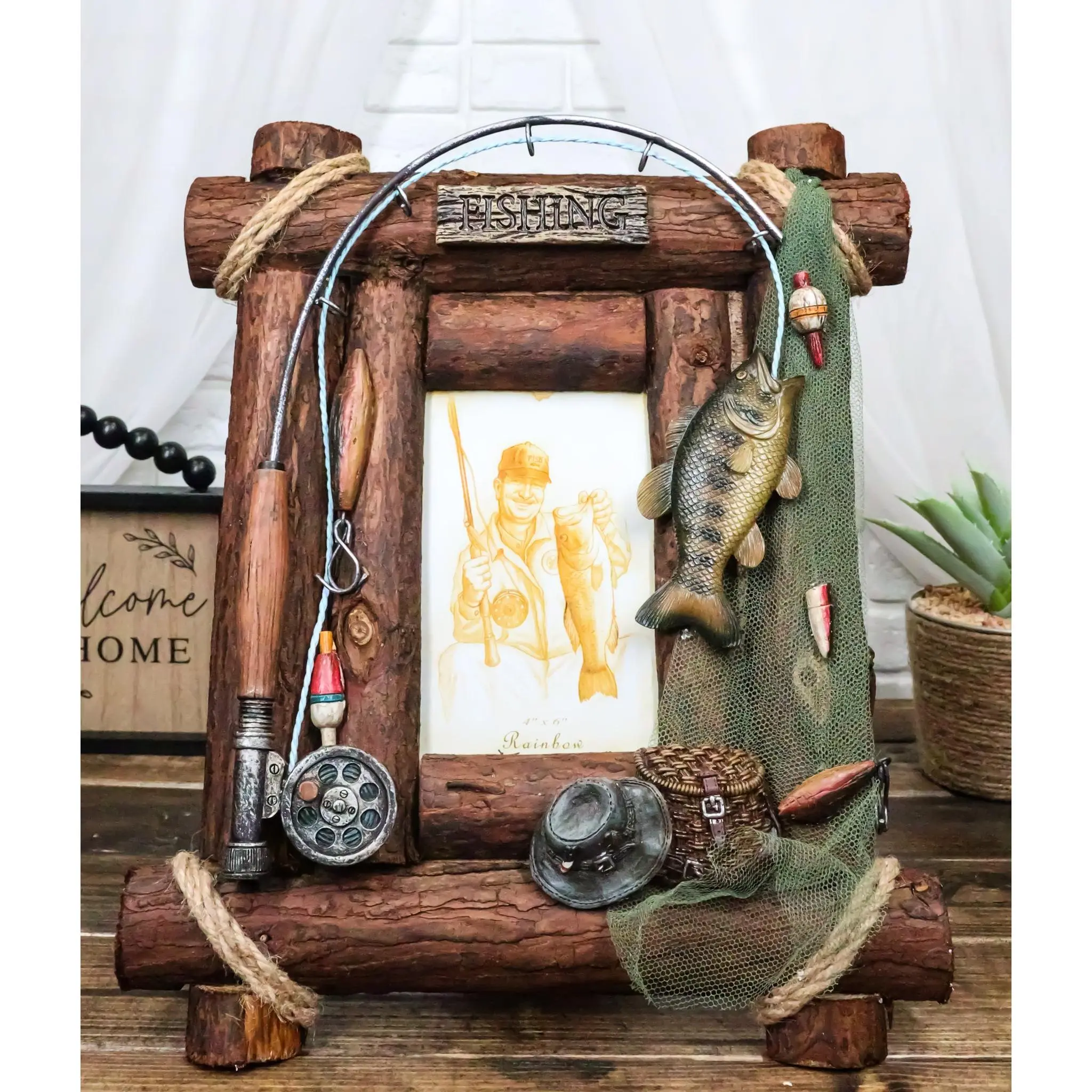 Rustic Western Fishing Angler Fisherman Rod Bass Fish Net 4X6 Picture Frame