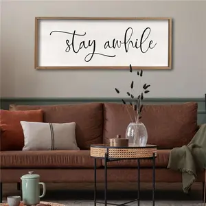 Stay Awhile Sign Wall Decor 32"X12" Large Living Room Entryway Wood Framed Rustic Wall Decor for Vintage Farmhouse Foyer Hanging Lets Stay Home Wall Art (Wood)