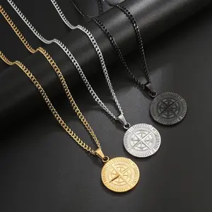 Titanium Steel Compass Pendant Necklace Iced Out Hip Hop Coin Chain Punk Streetwear Jewelry for Men Women Daily Gift