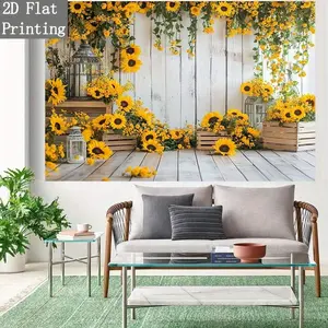 2D Flat 1PC Polyester Banner Wall Backdrop, Sunflower Theme Design, White Wood Plank Background with Sunflower, Wooden Crate & Iron Lantern Elements, Fresh Countryside Style, Indoor and Outdoor Use, Ideal for Summer Party, Farm Themed Event, Birthday,
