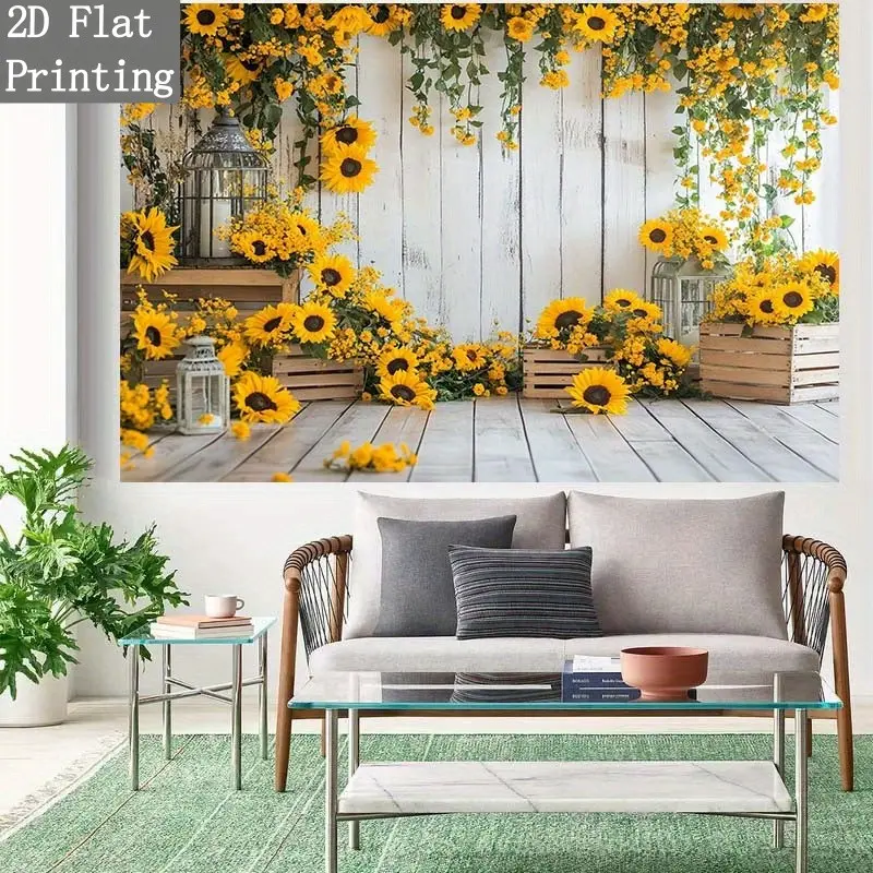 2D Flat 1PC Polyester Banner Wall Backdrop, Sunflower Theme Design, White Wood Plank Background with Sunflower, Wooden Crate & Iron Lantern Elements, Fresh Countryside Style, Ideal for Summer Party, Farm Themed Event, Sunflower Birthday Decorations