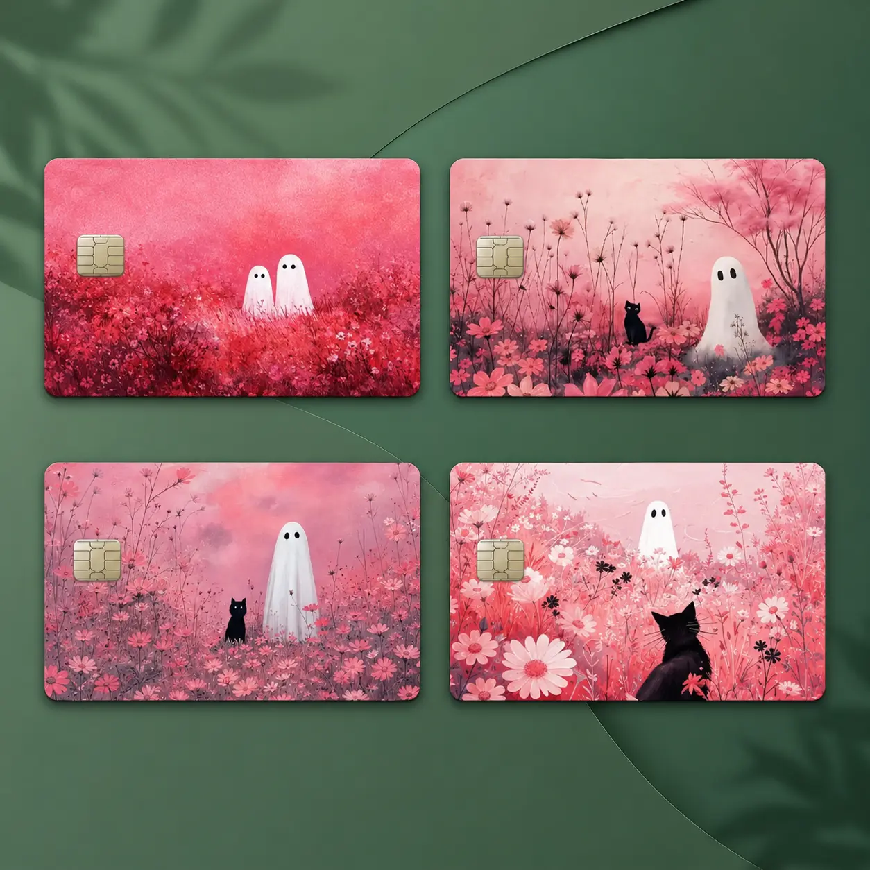 Cute Ghost & Black Cat Card Skin Set - Pink Floral Halloween Sticker Wrap for Debit Credit Bank Card, Aesthetic Gift Pack of 4