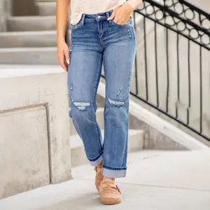 Women's Ripped Mid Waisted Boyfriend Jeans Loose Fit Distressed Stretchy Denim Pants