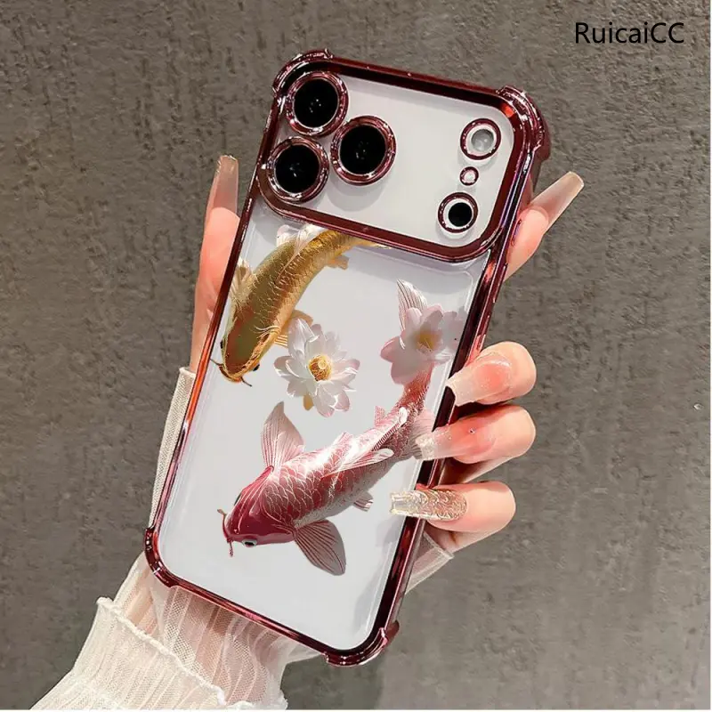 Aesthetic Koi Fish & Lotus Flower TPU Cellphone Casing - Airbag Shockproof Soft Silicone Cover, Screen Protector, Manufacturer Warranty, Customized Electroplated, Resistance Feature for iPhone 17 Pro Max,16,15 Plus,14,13,12,11 Devices