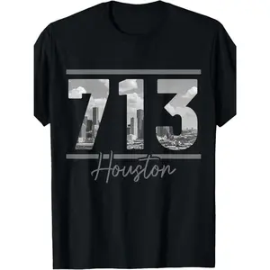 100% Made in USA, 180g Houston 713 Area Code Skyline Texas Pride Vintage T-Shirt