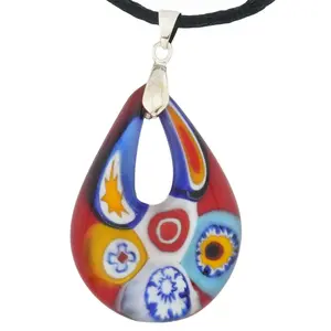 Glass Of Venice Murano Glass Tear Drop Gemma Millefiori Pendant Necklace - Red and Multicolor With Drop Pendant 1-3/4 Inch Fashion Jewelry for Women Handmade In Venice, Italy