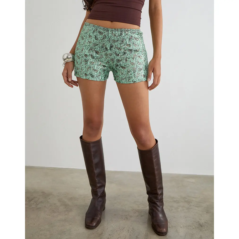Erna Micro Short in Paisley Sequin Teal