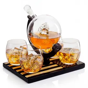 U.S. Marine Globe Whiskey Decanter Set with 4 Liquor Glasses - Wood Flag Base Marine Veteran Gift Set - Navy Gifts Men, Dad, U.S.A Flag - Bourbon & Scotch Military Gift for Father