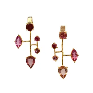14k Gold Asymmetrical Pink Tourmaline and Sapphire Earrings