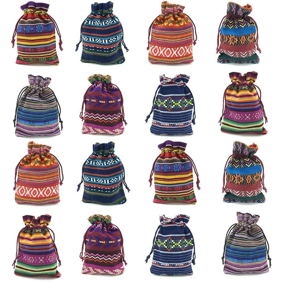 Linen bags of national wind Coarse linen bags with drawstring-burlap bags  handbags for wedding cans parties DIY crafts and Christmas (16 pieces)