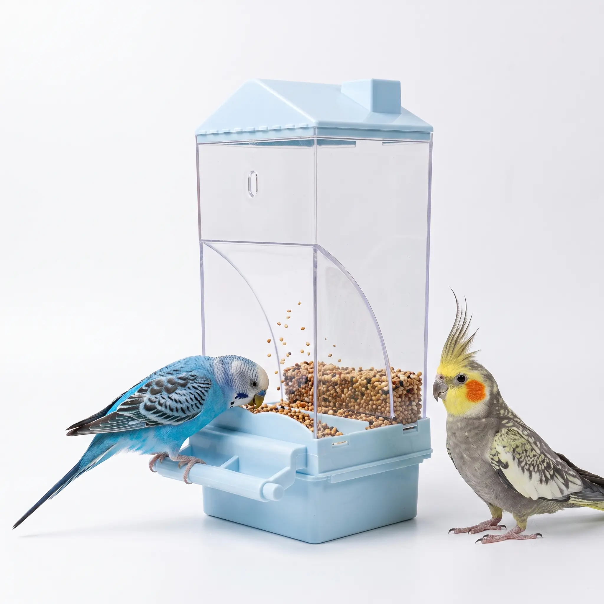 Auto Gravity Bird Cage Feeder - Clear No-Waste Seed Dispenser with Perch, Easy-Install House-Shaped Food Container for Small Birds (Parakeet, Budgie)