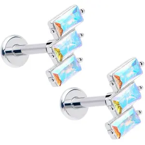 Titanium Flat Back Earring Set - Staggered Aurora CZ 16 Gauge