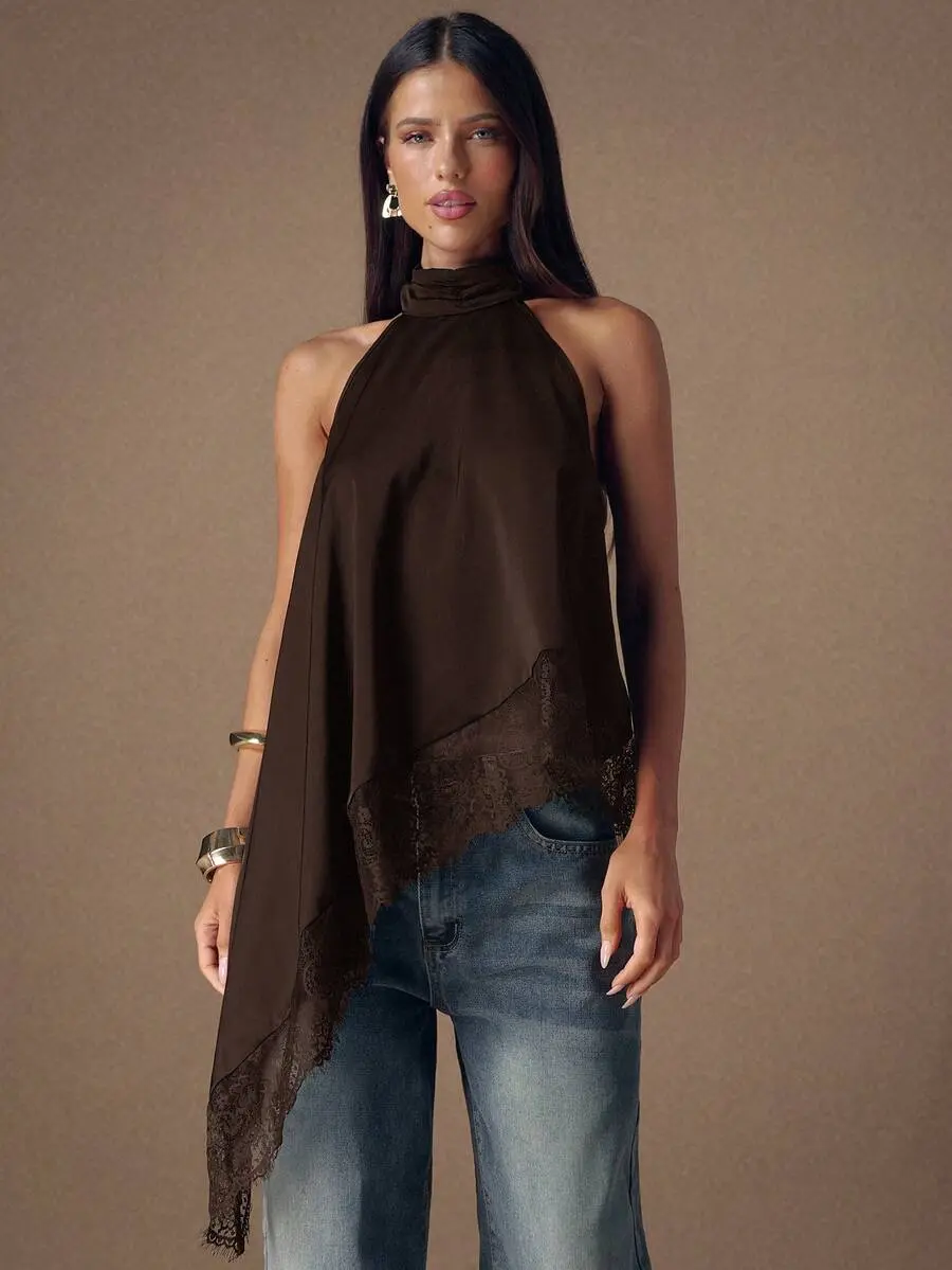 OFFGIRD x BAE Elegant Lace Patchwork Backless Satin Camisole Top, Halter Neck Sleeveless Blouse For Party,Date,Winter,Christmas,Cocktail,Dark Brown Summer Top