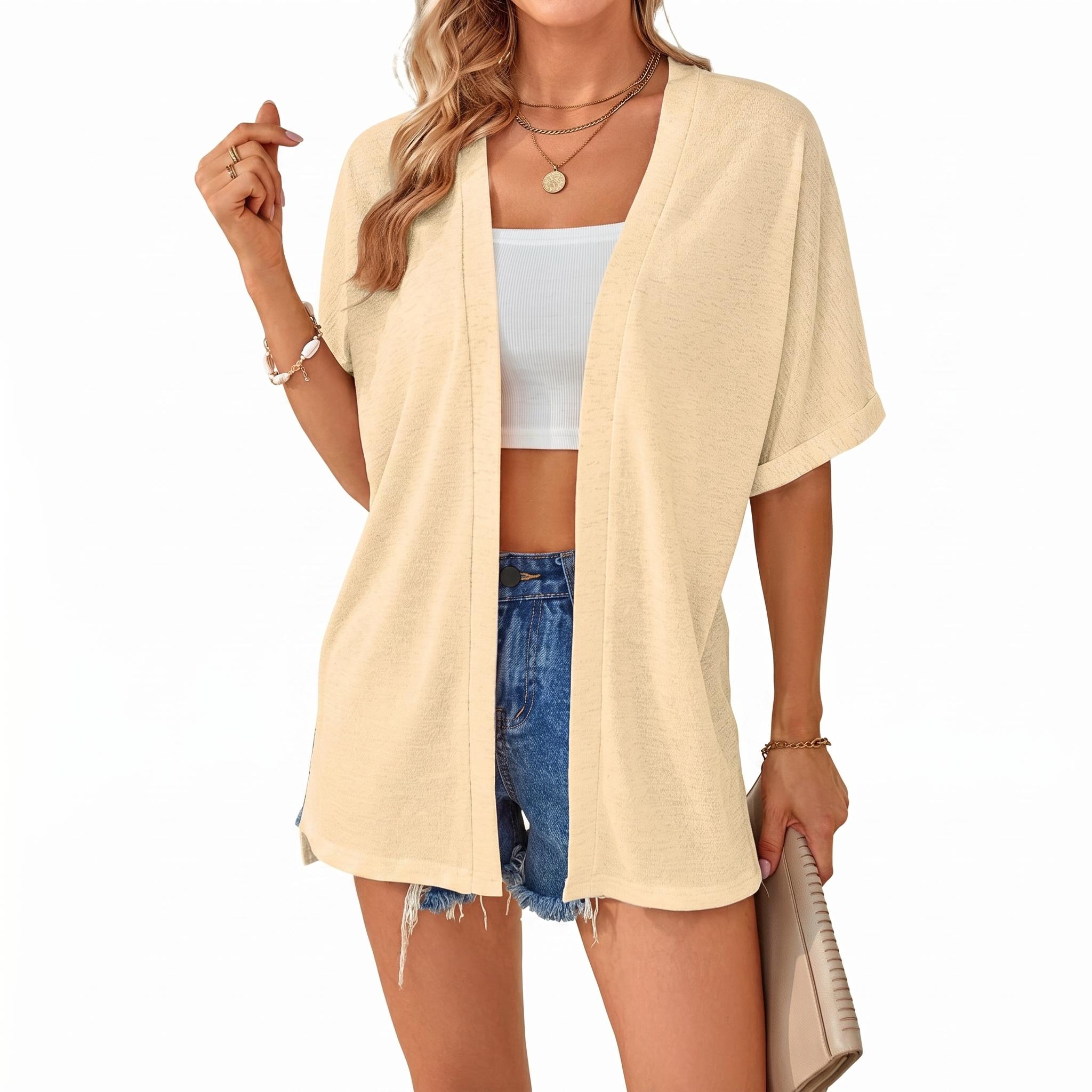 Women's Lightweight Short Sleeve Cardigan Open Front Oversized Summer Beach Cover Up Casual Loose Tops