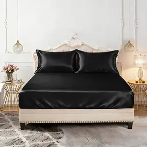 Cooling Satin Fitted Sheet Set Soft Bed Sheets Hair Friendly with Pillowcases 16 Inch Deep Pocket  for Bedroom, Dormitory and Hotel