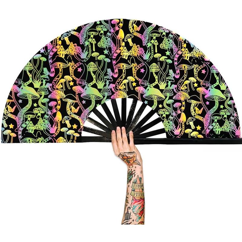 Lridescent Holographic Large Rave  Folding Clack Hand Fan With Holster for Men/Women Handheld Fan for EDM,Music Festival,Club,Freaky,Party,Dance,Performance,Decoration,