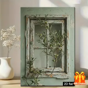 [2D Flat] 1pc Framed Canvas Wall Art - Sage Green Olive Tree with Rustic Window Frame, Modern Farmhouse Decor - Wrapped Canvas Painting for Living Room, Kitchen, Office, Dorm - Ready-to-Hang Indoor Wall Decor