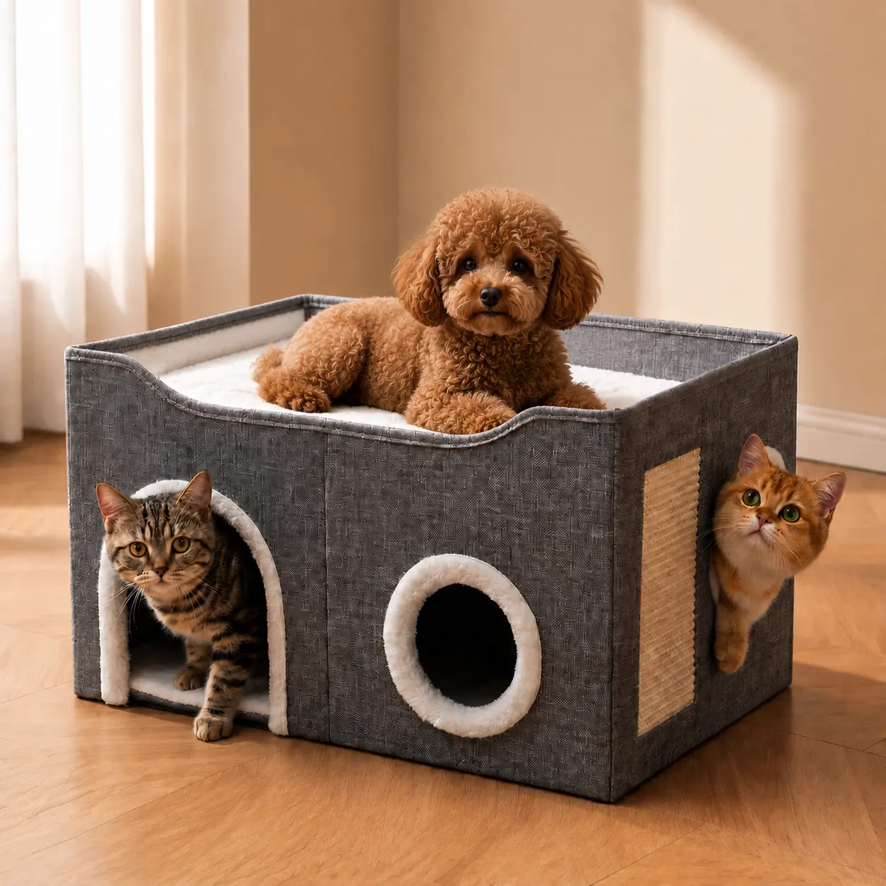 3-in-1 Foldable Cat Condo - Aesthetic Indoor Cat Furniture with Enclosed Calming Cave Bed, Built-in Scratcher, Hand Wash Only