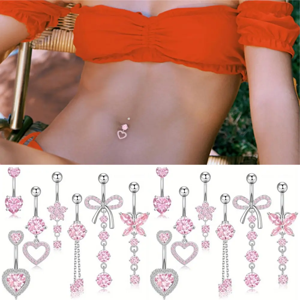 14pcs 14G Belly Button Ring Dangle Belly Button Piercing Jewelry Pink- Surgical Stainless Steel Dangle Belly Piercing Jewelry with Cute Bow, Butterfly, Heart & Floral Designs|for Casual Attire, Parties, Beach Vacation