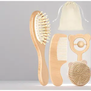 5-Piece Wooden Baby Hair Brush & Comb Set - Soft Goat Bristle for Gentle Brushing & Cradle Cap Care. Natural Newborn & Toddler Grooming Kit, Perfect Baby Shower Gift