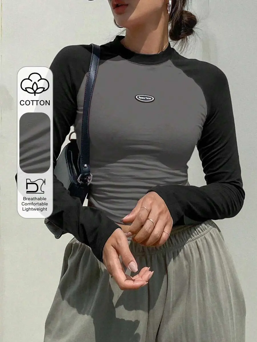 Letter Patched Colorblock Long Raglan Sleeve T-Shirt Y2k Long Sleeve Women Tops