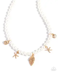 Beachcomber Beauty - Gold Seashells and Gold Starfish Charms Hang on White Pearl Station Necklace