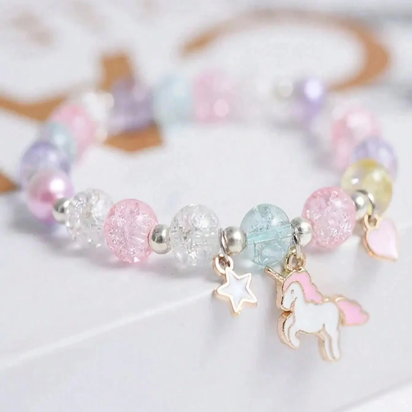 Unique Fashion Firecracker Crystal Bead Bracelet, Unicorn Star Moon Cloud Flower Pendants, Friendship Glass Bracelet for Girls