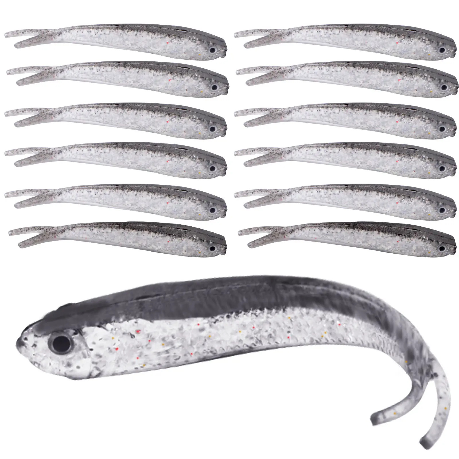 30 Pieces Plastic Soft Fishing Lures Silver Lifelike Forked Tail Minnow Crappie Fishing Swim Baits Tackle Lure for Saltwater Freshwater Bass Walleye Trout Chub Rockfish