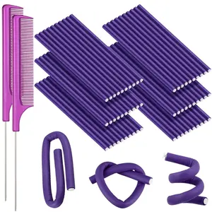 1 Set Flexible Soft Twist Foam Hair Rollers, No Heat Hair Styling with Tail Combs ， Curling Rods Twist Foam Flexi Rods No Heat Hair Rods Hair Rollers for Long Hair Short Hair Women Girls，Household hair styling tools(Purple)
