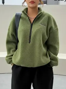 Women's Letter Patch Half-Zip Fuzzy Thick Knit Sweatshirt, Casual Long-Sleeve Drop-Shoulder Fitted Pullover for Fall & Winter, Women's Clothes for Daily Wear