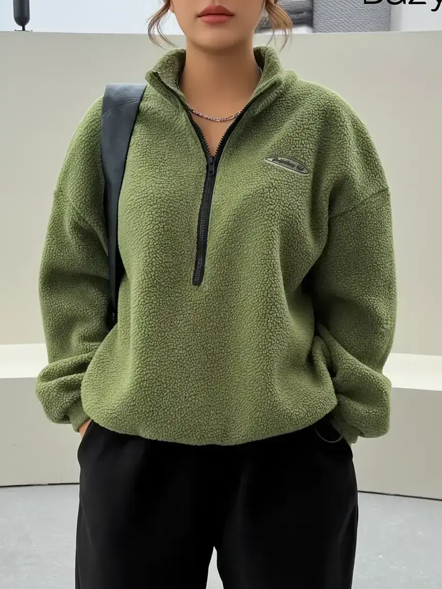 Women's Letter Patch Half-Zip Fuzzy Thick Knitwear Sweatshirt, Casual Long-Sleeve Drop-Shoulder Fitted Pullover for Fall & Winter, Women's Clothes for Daily Wear, Lady, Womenswear