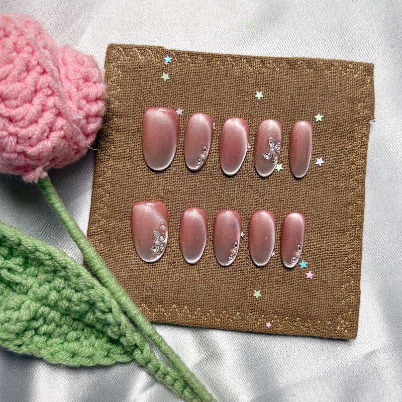 Custom Pearl Pink Press On Nails | Cat Eye Shimmer Nails | Elegant Rhinestone Accents | Personalize Long Oval Nail Design