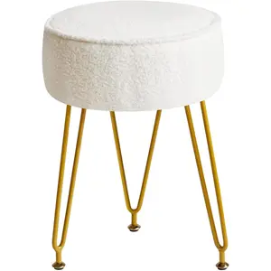 Teddy Velvet Round Footrest Stool Ottoman, Makeup Vanity Stool Side Table, Velvet Dressing Table Seat, Pouf Couch Stool, for Living Room Bedroom, White WBD009W
