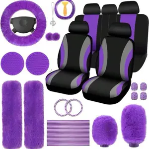 45-Piece Car Seat Covers & Interior Accessories Set, Car Interior Accessory, Polyester Five-Seat Car Seat Covers, Plush Steering Wheel Cover, Shoulder Pads, Gear Shift Knob Cover, Cup Pads, Tire Valve Caps, Stitching Trim Strips