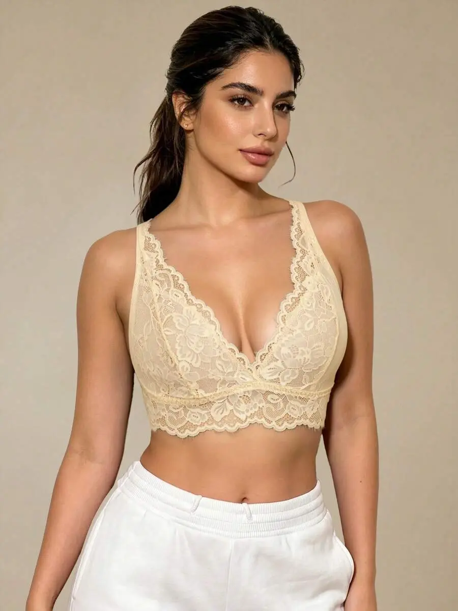 MIA 1pc Women's Sexy Lace Wireless Unpadded Deep V-Neck Longline Bralette