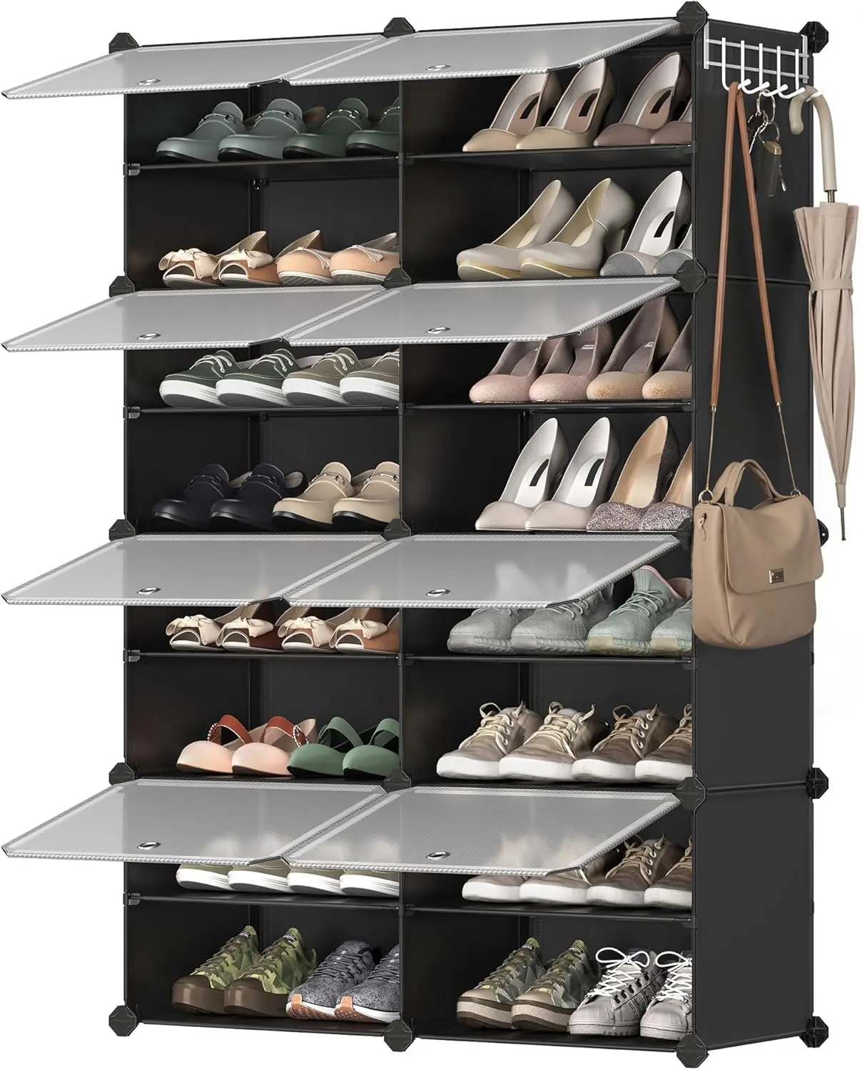 Space-Saving Shoe Storage Solution: 8-Tier Adjustable Shoe Rack Cabinet for Entryway Closet, Holds 32 Pairs, Modern Cloud White & Transparent Design