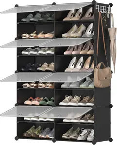 Space-Saving Shoe Storage Solution: 8-Tier Adjustable Shoe Rack Cabinet for Entryway Closet, Holds 32 Pairs, Modern Cloud White & Transparent Design