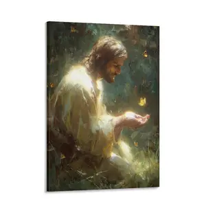 Jesus Butterfly   Art, Soft Glow Christian Painting Print, Nature-Inspired Spiritual Artwork, Moody Green Aesthetic  Decor for Living Room Bedroom Office, Faith-Inspired  Poster wall canvas