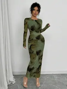 Elegant Gradient Long Sleeve Slim Fit Women's Dress, Tie Dye Pattern, Chic, Formal, Perfect for All Seasons, Stylish and Comfortable, Lady