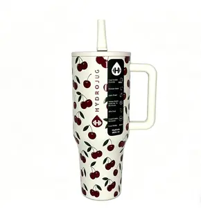 Hydrojug Style 40oz Insulated Tumbler with Handle & Straw Lid - Classic Cherry Print Stainless Steel Cup, Keeps Drinks Cold 24+ Hours, Cupholder Friendly, BPA-Free for Travel, Office & Gym