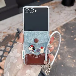 Denim Cardholder Phone Case for Samsung Galaxy Z Flip 7 Flip 5 Flip 6 3 4 Dachshund Dog Wrist Chain Shockproof Back Cover