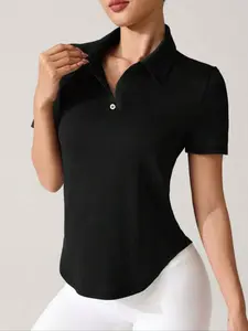 Women's Letter Print Sports Polo Shirt, Casual Short Sleeve Collared Top for Golf Tennis, Ladies Sportswear for All Seasons, Womenswear, Athletic Top