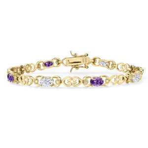 Gem Stone King Moissanite and Gemstone Birthstone Heart Link Tennis Bracelet for Women | 18K Yellow Gold Plated Silver | Oval 6X4MM | 7.25 Inch Length | Double Locking Fold Over Clasp | Jewelry for Her Mom Wife