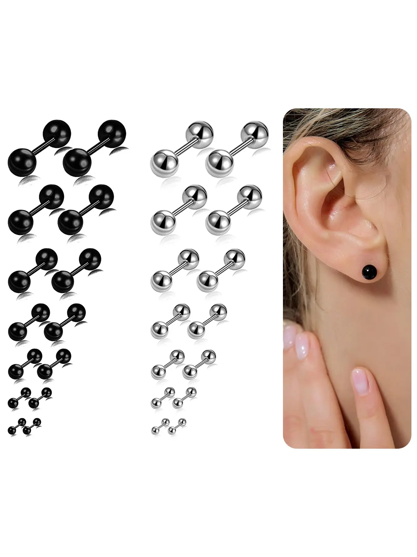 14 Pairs Stainless Steel Ball Stud Earrings Barbell Cartilage Tragus Helix Ear Piercing For Men Women 2-8mm Silver Black Ear Studs