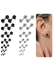 14 Pairs Stainless Steel Ball Stud Earrings Barbell Cartilage Tragus Helix Ear Piercing For Men Women 2-8mm Silver Black