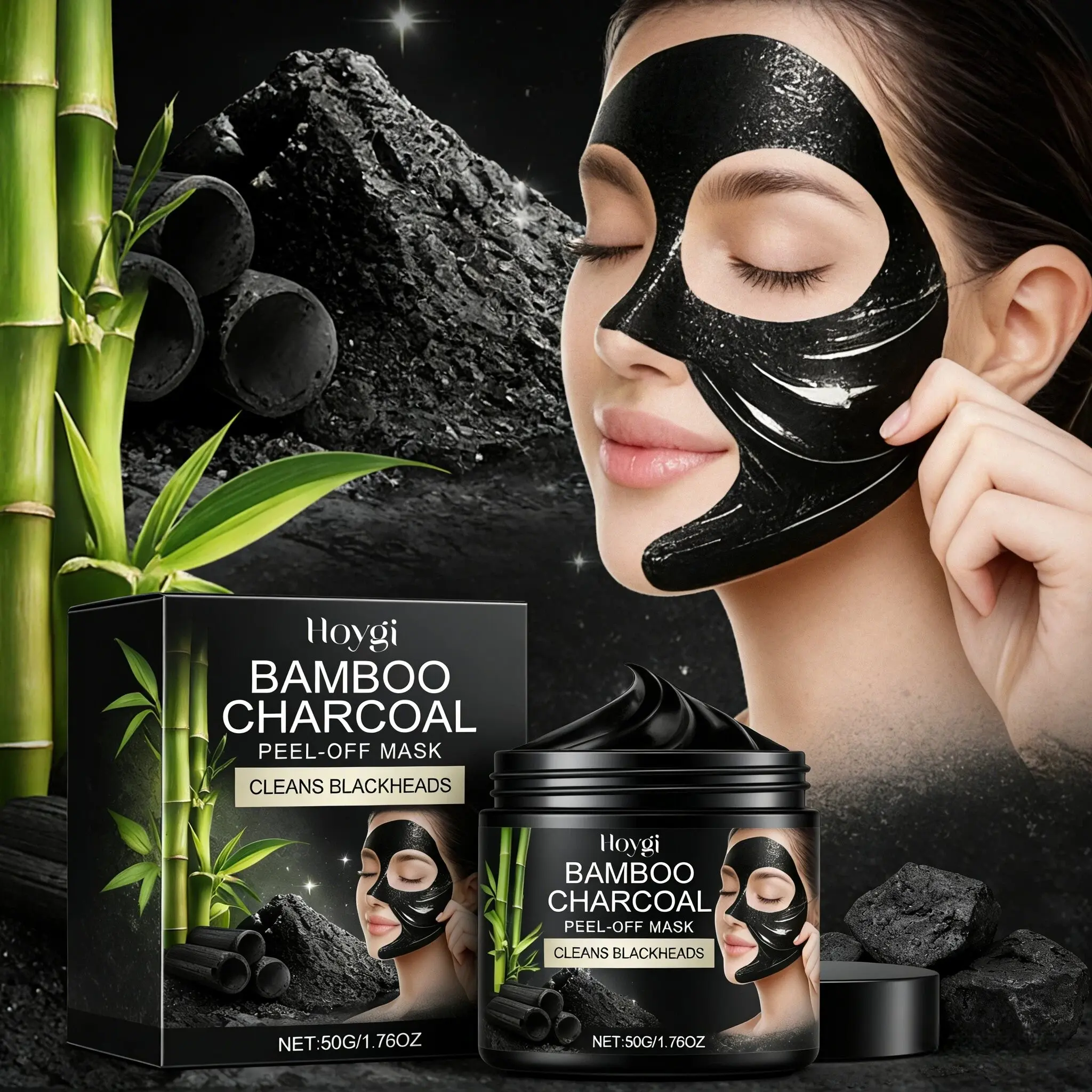 Hoygi Bamboo Charcoal Peel-Off Mask 50g, Deep Cleansing, Deep Pore Detox, Hydrating, Moisturizing, Aloe Vera Ingredients, Suitable for All Skin Types, Natural Beauty Cream, Blackhead Remover Mask