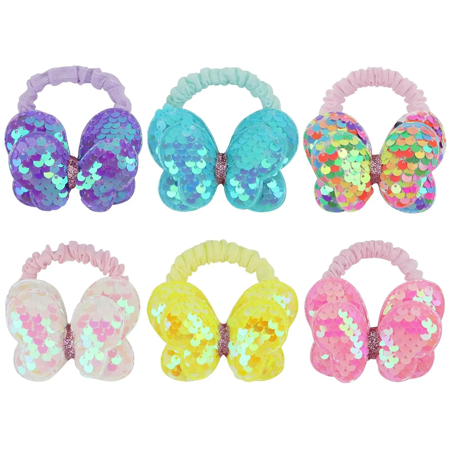 KF5-HBA048 Sequin Butterfly Hair Scrunchies and Pony Holders - Cute Hair Accessories with Big Bows for Girls and Women, Pack of 6 Hair Ties