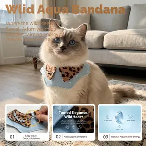 Pet Leopard Print Bib with Aquamarine Beads – Adjustable Denim Dog Cat Bandana Collar Drool Bib for Small Medium Dogs French Bulldog Puppy
