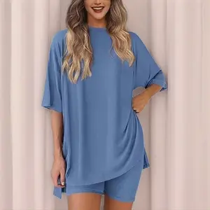 GC Crewneck Two-Piece Set for Women Summer Casual Oversized Split Hem Shirts & Side Pocket Biker Shorts Minimalist Loungewear Soft Viscose Fabric Comfy Pjs Nightwear Womenswear - Style, Pajama